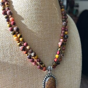 Multicolor Jasper Beaded Necklace with Sterling Silver Pendant